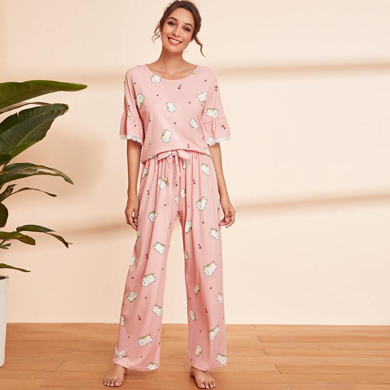 

Contrast Lace Cartoon Graphic PJ Set, Pink
