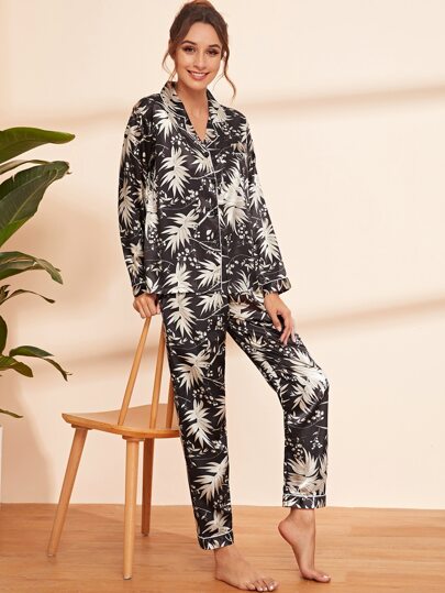 Leaf Print Satin PJ Set