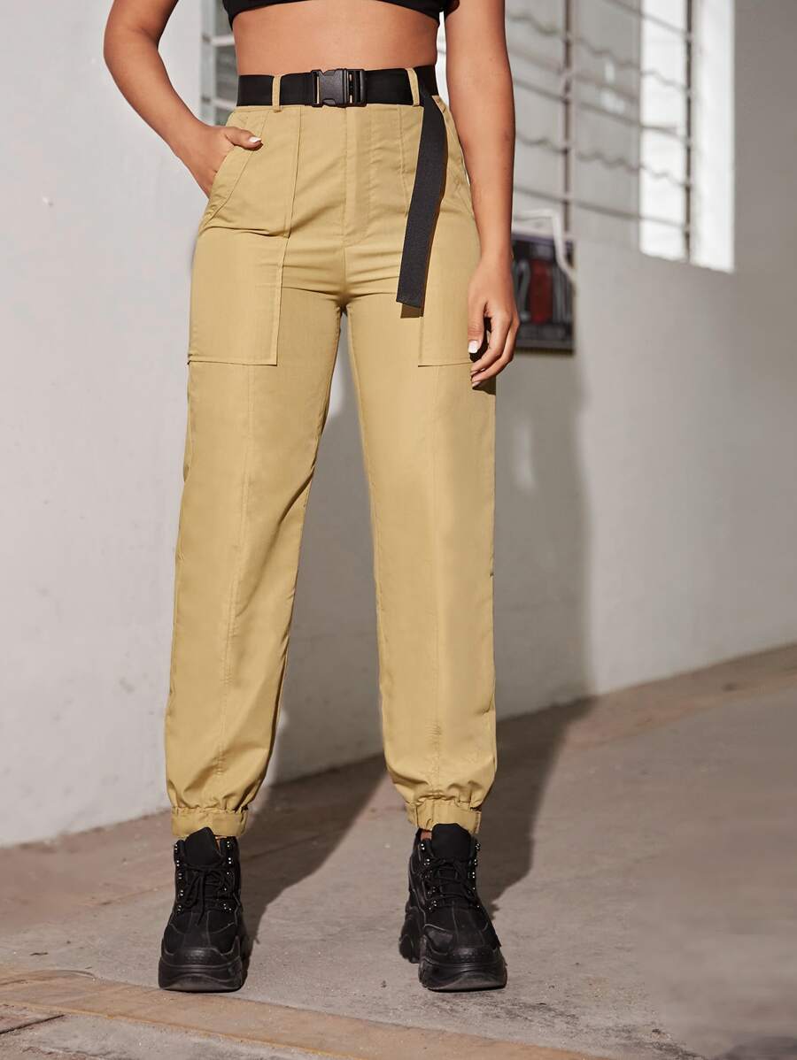 Belted Flap Pocket Cargo Pants - Khaki - View 1