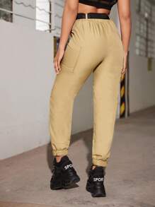 Belted Flap Pocket Cargo Pants - Khaki - View 2
