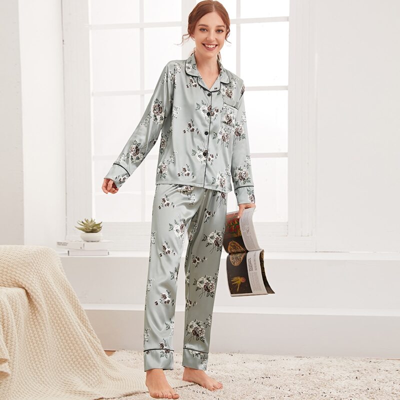 

Floral Print Button Up Satin PJ Set, Grey