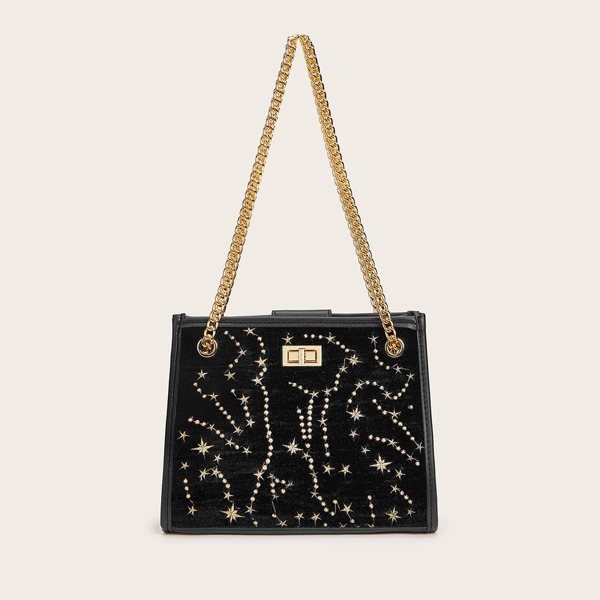 

Star Embroidered Twist Lock Tote Bag, Black