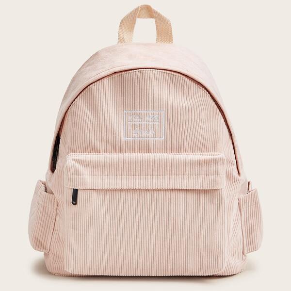 

Letter Embroidered Corduroy Backpack, Pink