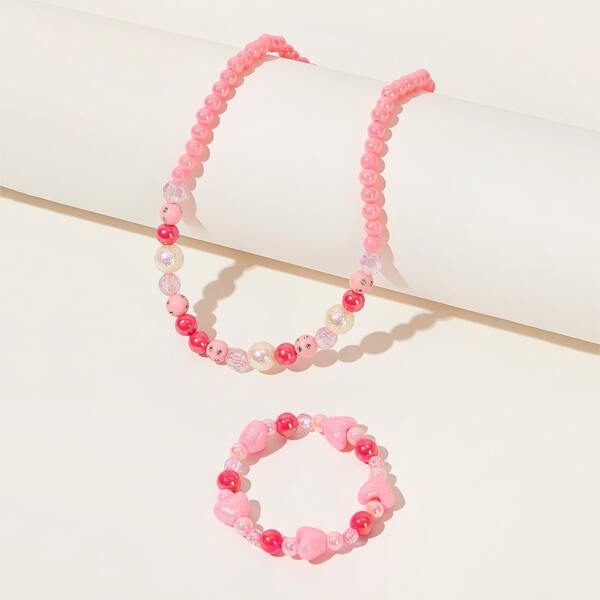 

2pcs Toddler Girls Beaded Bracelet & Necklace, Pink