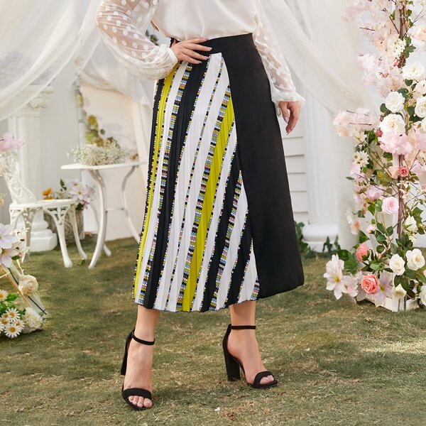 

Plus Contrast Striped Colorful Polka Dot Spliced Skirt, Black
