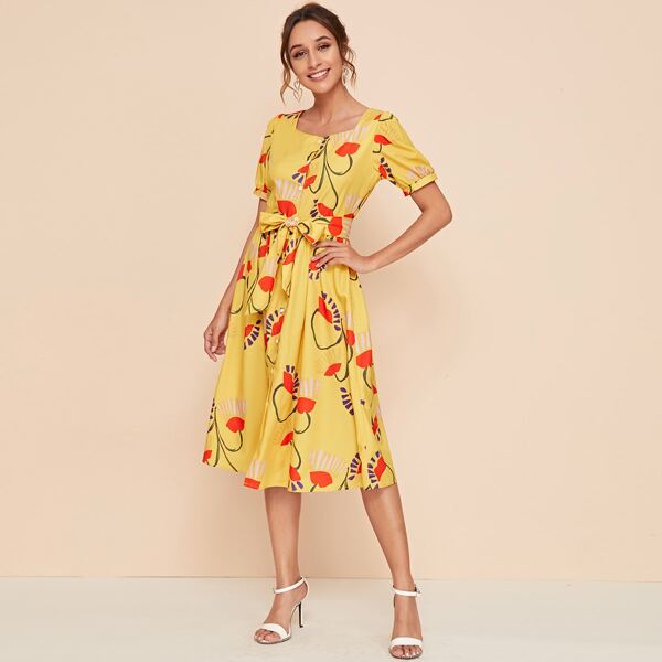 

Square Neck Floral Print Belted A-line Dress, Yellow