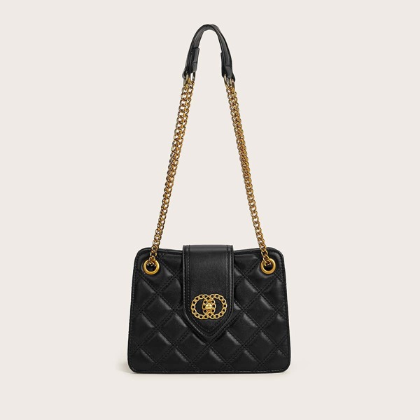 

Quilted Chain Tote Bag, Black