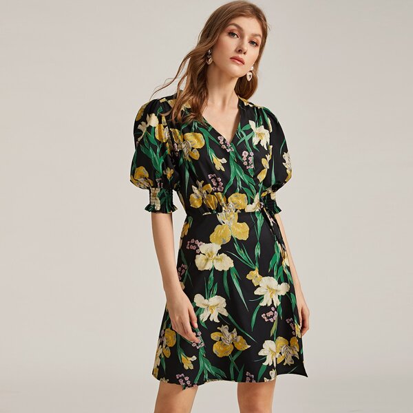 

Floral Print Tie Side Wrap Dress, Multicolor