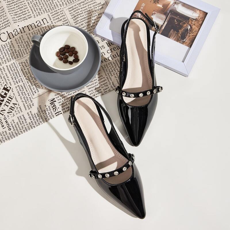 

Rhinestone Decor Point Toe Slingback Flats, Black