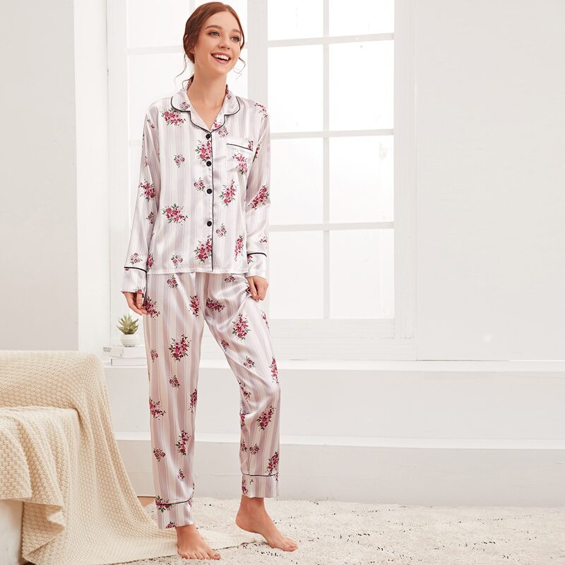 

Floral & Striped Print Button Up Satin PJ Set, Multicolor