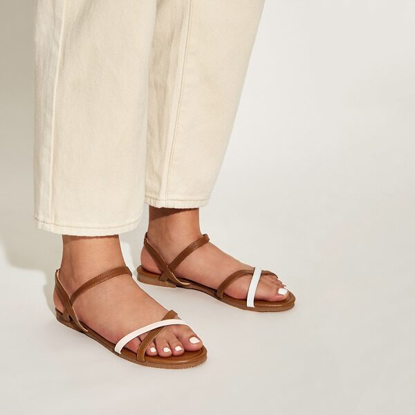 

Cross Strap Flat Sandals, Brown