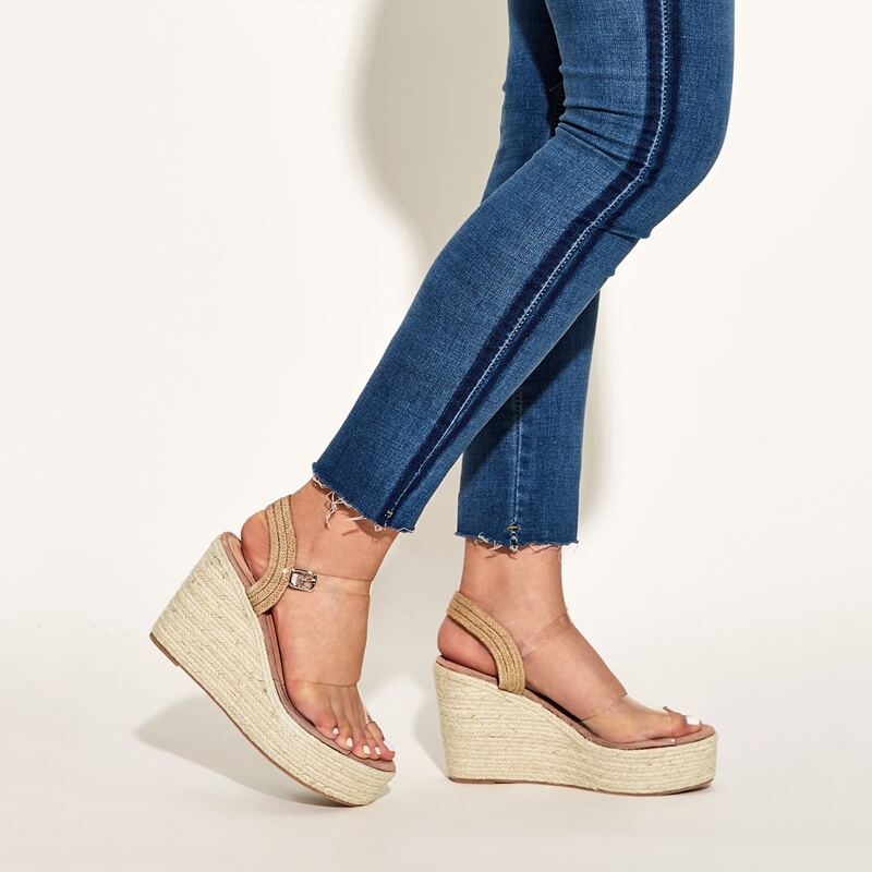 

Clear Open Toe Ankle Strap Espadrille Wedges, Beige