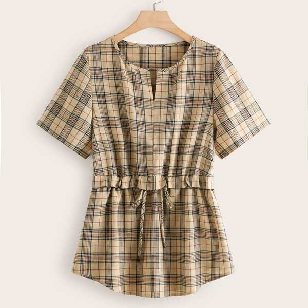 

Plus Tartan Print Drawstring Waist Blouse, Multicolor