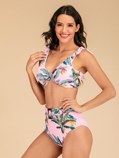 Tropical Random Print Top With High Waist Bikini