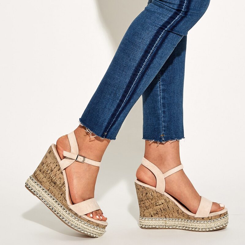 

Beaded Open Toe Ankle Strap Cork Wedges, Beige