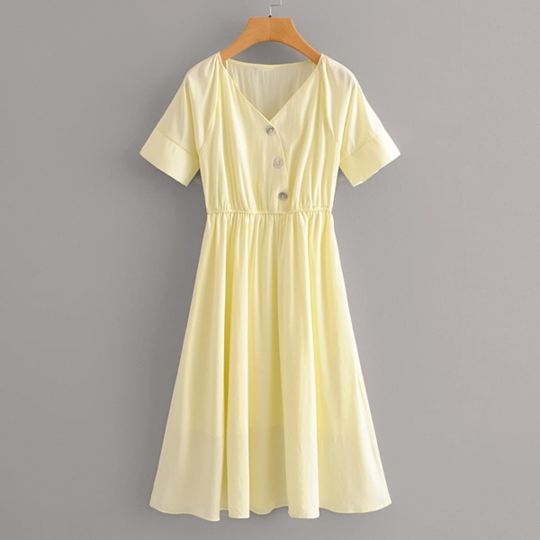 

V-Neck Button Front A-line Dress, Yellow pastel