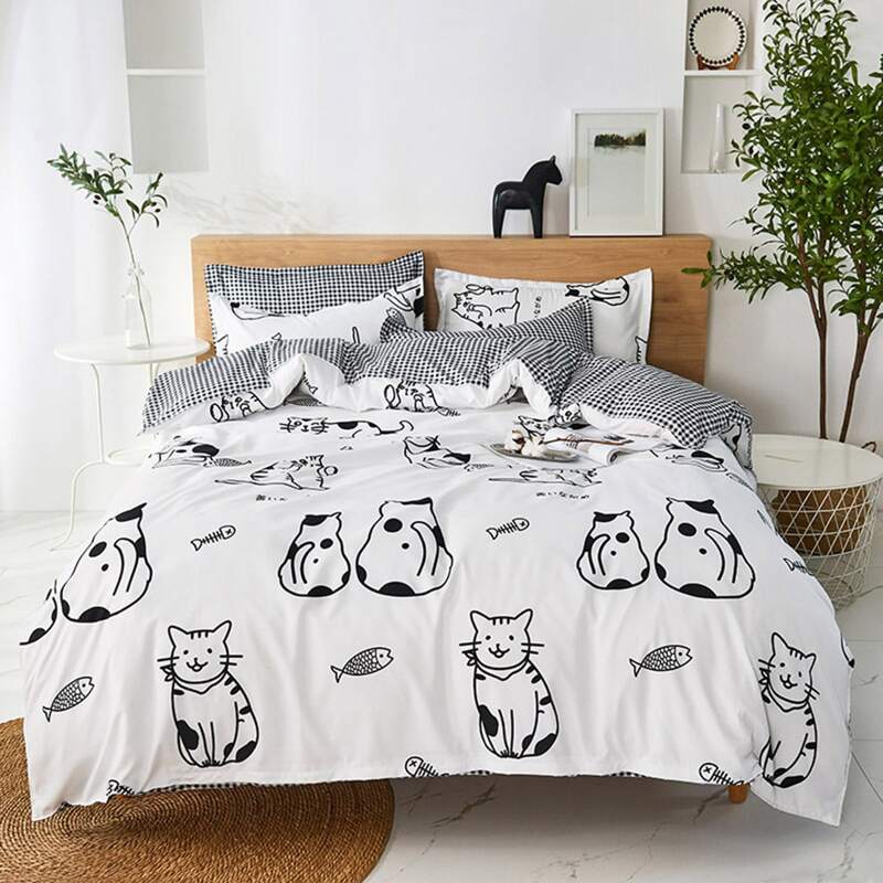 

Cartoon Cat Print Sheet Set Without Filler, Black and white