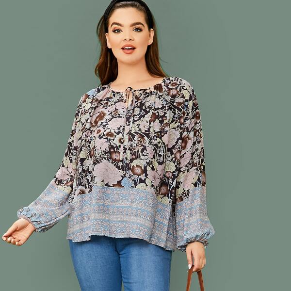

Plus Floral Print Tie Neck Lantern Sleeve Top, Multicolor