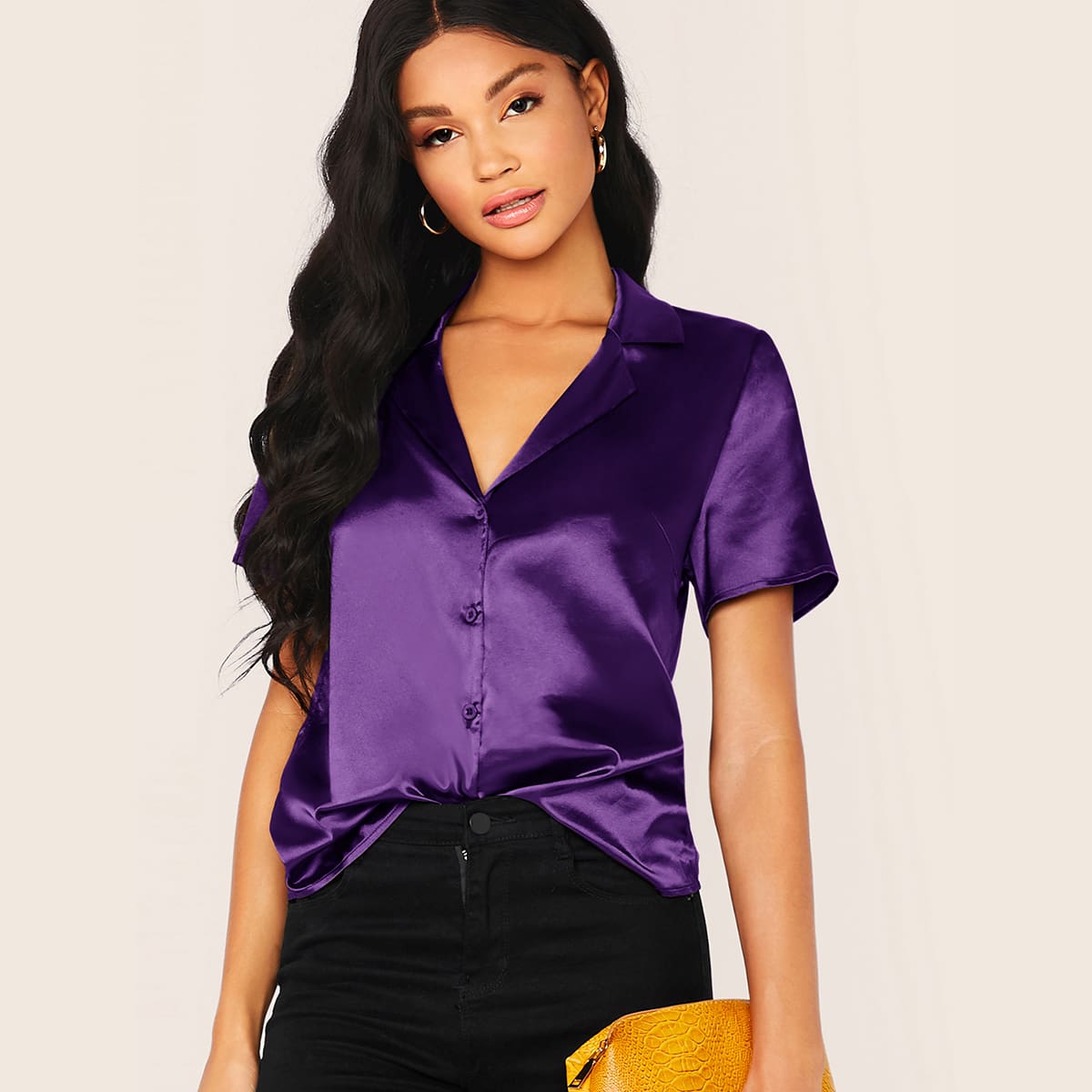 

Notched Collar Satin Blouse, Purple