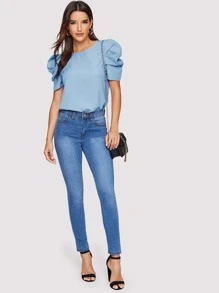 SHEIN Clasi 泡泡袖後鎖孔素色上衣 - 淺藍色 - 查看 6