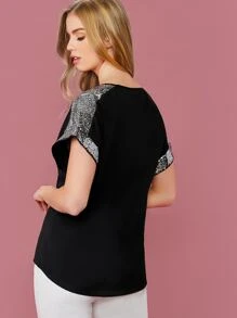 SHEIN LUNE Contrast Sequin Detail Top - Black - View 2