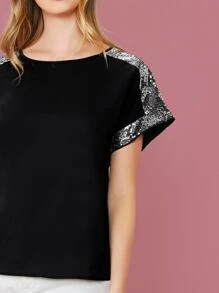 SHEIN LUNE Contrast Sequin Detail Top - Black - View 4