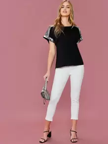 SHEIN LUNE Contrast Sequin Detail Top - Black - View 5