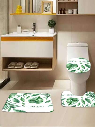 3pcs Palm Leaf Print Bath Mat & Closestool Lid Cover Set
