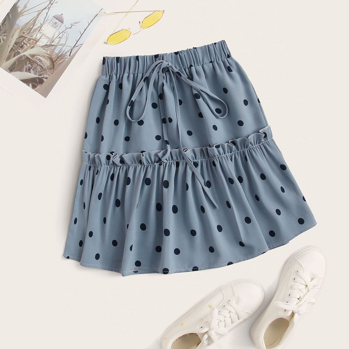 

Polka Dot Frill Drawstring Waist A-line Skirt, Blue