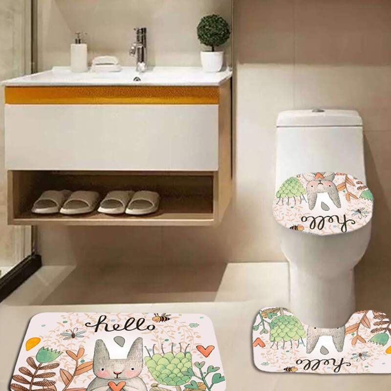 

3pcs Rabbit Print Bath Mat & Closestool Lid Cover Set, Multicolor