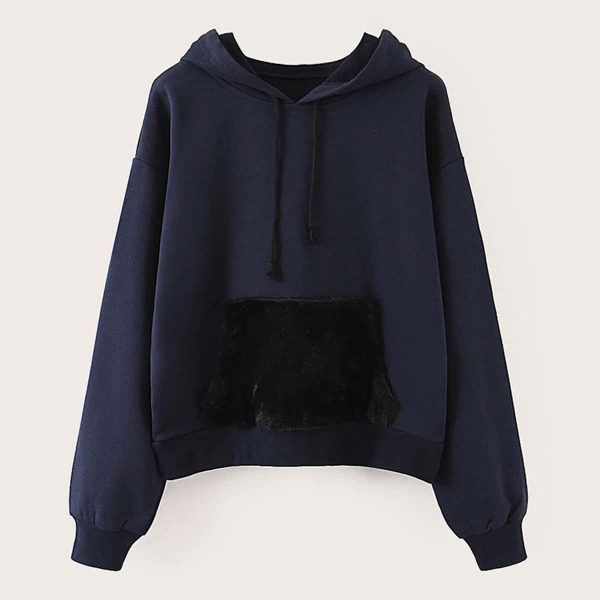

Contrast Faux Fur Pocket Drawstring Hoodie, Navy