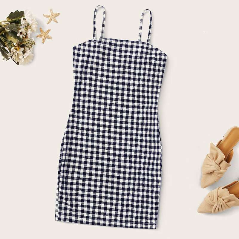 

Gingham Print Cami Dress, Navy blue