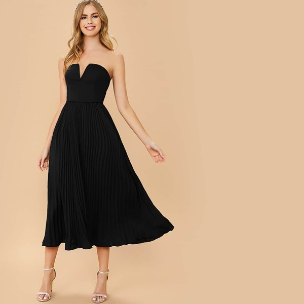 

Notch Neck Pleated Tube Dress Without Belt, Black