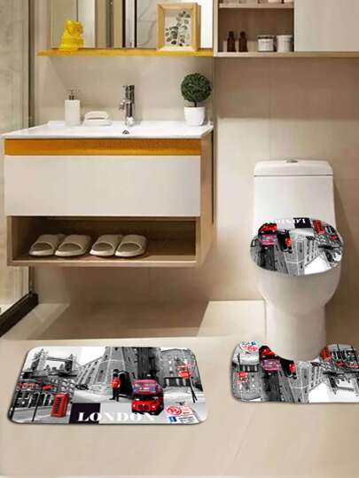 3pcs Street Bus Print Bath Mat & Closestool Lid Cover Set