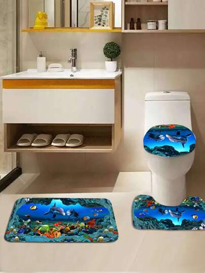 3pcs 3D Undersea World Print Bath Mat & Closestool Lid Cover Set