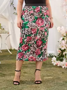 大碼花卉和豹紋圖案半身裙 - 彩色 - 查看 1