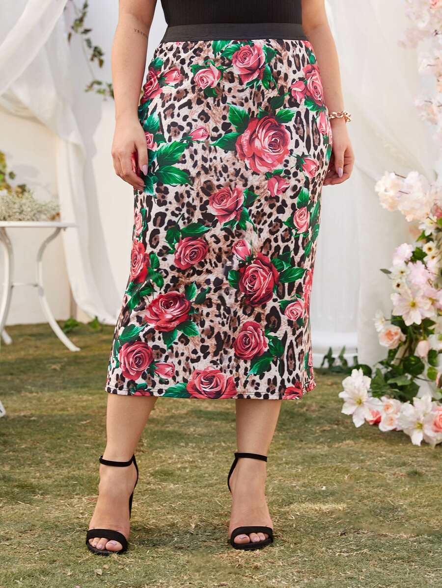 大碼花卉和豹紋圖案半身裙 - 彩色 - 查看 1
