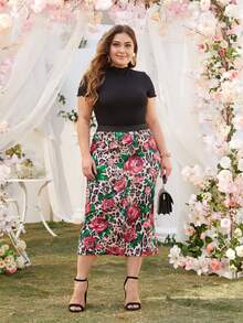 大碼花卉和豹紋圖案半身裙 - 彩色 - 查看 3