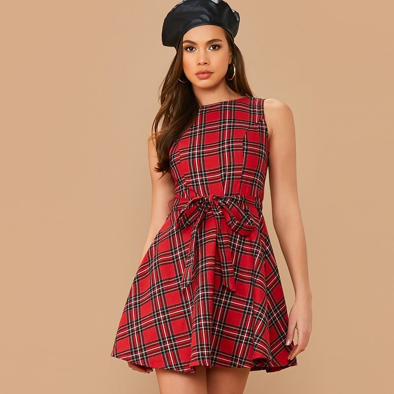 

Self Belted Sleeveless Tartan Dress, Red