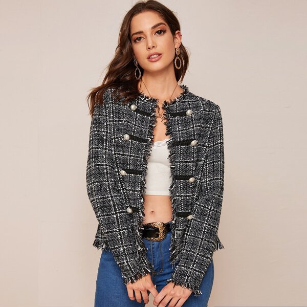 

Frayed Trim Double Breasted Tweed Jacket, Black and white