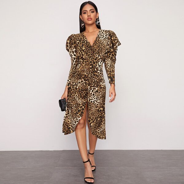 

Leopard Print Puff Sleeve Split Dress, Multicolor