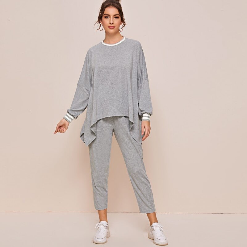 

Contrast Striped Trim Asymmetrical Hem Top & Pants Set, Grey
