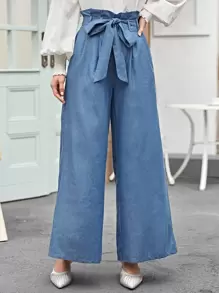 Modelyn Pantalones anchos de cintura con volante - Azul - Ver 1