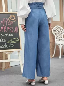 Modelyn Pantalones anchos de cintura con volante - Azul - Ver 2