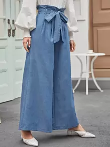 Modelyn Pantalones anchos de cintura con volante - Azul - Ver 3