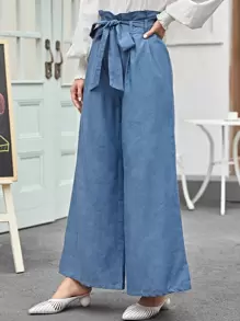 Modelyn Pantalones anchos de cintura con volante - Azul - Ver 4
