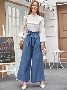 Modelyn Pantalones anchos de cintura con volante - Azul - Ver 5