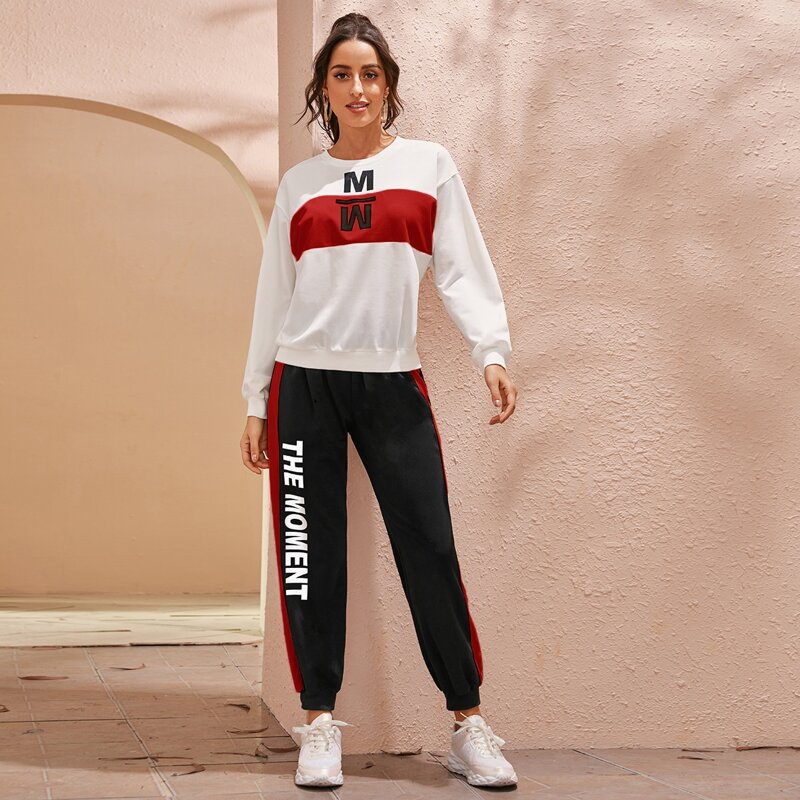 

Letter Graphic Pullover & Contrast Side Seam Joggers Set, Black and white