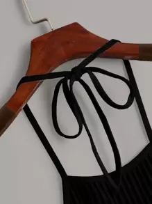 SHEIN EZwear Top halter tejido de canalé de espalda con cordón - Negro - Ver 3