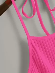 SHEIN EZwear Ribbed Neon Pink Cropped Halter Top - Hot Pink - View 4